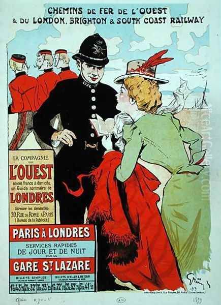 Poster advertising train services from Paris to London for the Compagnie des Chemins de Fer de lOuest Oil Painting by Jules Grun
