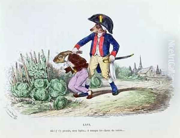 Aha My rabbit Ive caught you eating your neighbours cabbages Oil Painting by Jean-Jacques Grandville