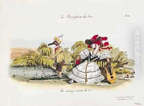 Marriage by the Book caricature from Les Metamorphoses du Jour Oil Painting by Jean-Jacques Grandville