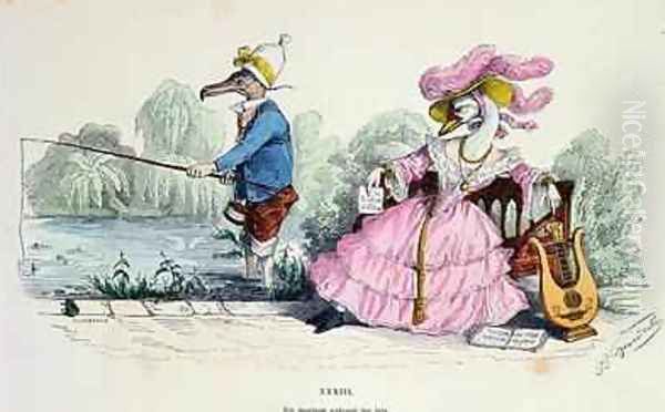Marriage by the Book caricature from Les Metamorphoses du Jour 2 Oil Painting by Jean-Jacques Grandville