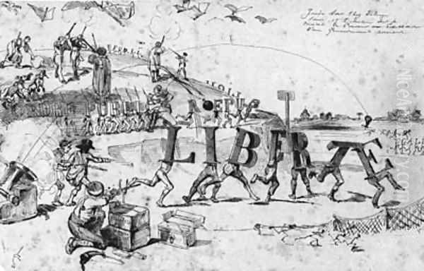 A caricature with Liberty and Equality chased by Public Order and other figures Oil Painting by Jean-Jacques Grandville