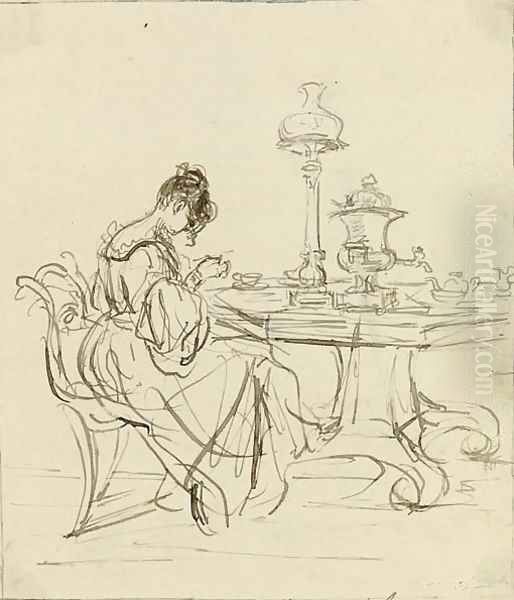 Study of a lady seated at a tea-table Oil Painting by Sir Francis Grant