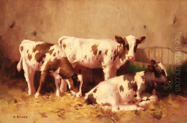 Calves resting in a barn Oil Painting by David Gauld