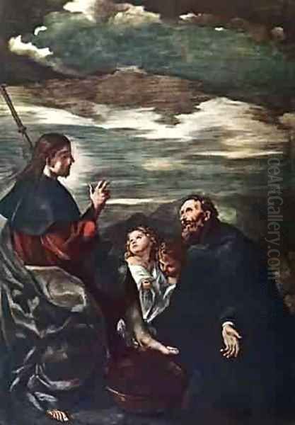 St Augustine Washing The Feet Of The Redeemer Oil Painting by Giovanni Francesco Barbieri