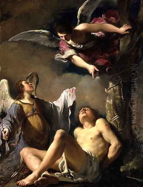 St Sebastian succoured by two angels 1617 Oil Painting by Giovanni Francesco Barbieri