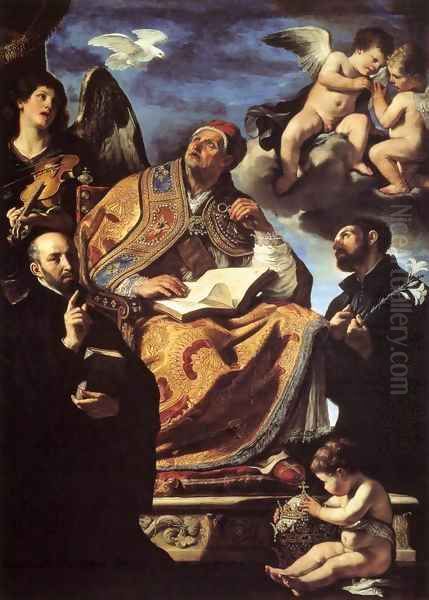 St Gregory the Great with Sts Ignatius and Francis Xavier Oil Painting by Giovanni Francesco Barbieri
