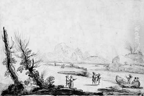 An extensive river landscape with promenading figures Oil Painting by Giovanni Francesco Barbieri