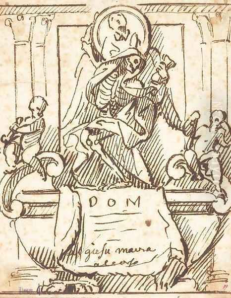 Study for a wall tomb with the figure of Death supporting a portrait roundel and two mourning putti Oil Painting by Domenico Guidi