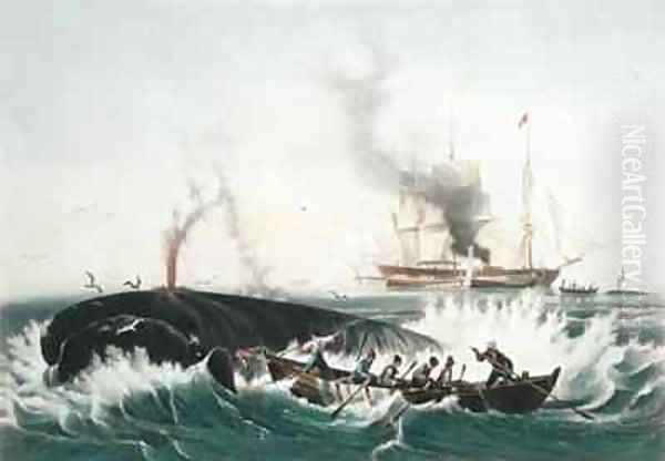 Attacking a Right Whale and Cutting In from The Whale Fishery Oil Painting by Garneray, Louis Ambroise