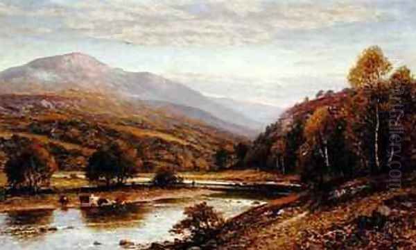 Cattle Watering with a Fisherman Beyond Oil Painting by Alfred Glendening