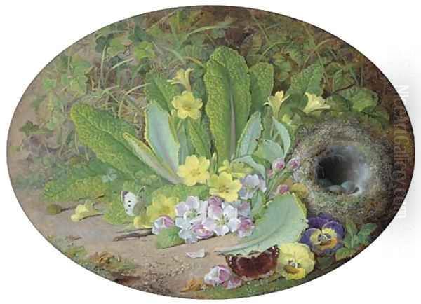 Primulas, pansies, apple blossom, butterflies and a bird's nest with eggs, on a mossy bank Oil Painting by George Goodman