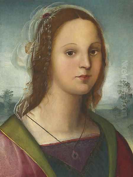Portrait of a young lady, bust-length, with a pearl headdress, a landscape beyond 2 Oil Painting by Raffaellino del Garbo
