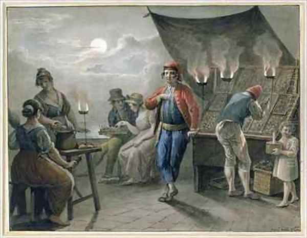 Figures by a Stall at Night Oil Painting by Saviero Xavier della Gatta