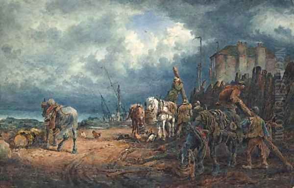 Figures and Horses on the Shoreline with an impending Storm Oil Painting by Sydney Goodwin