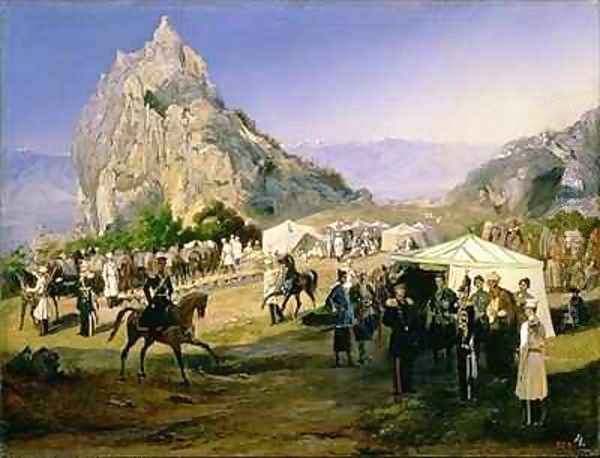 The Summer Camp of the Regiment of Nizhegorodsky Dragoons near Karagach Oil Painting by Grigori Grigorevich Gagarin