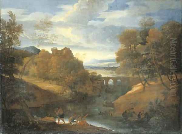 A classical river landscape with figures fishing Oil Painting by Giovanni Francesco Grimaldi