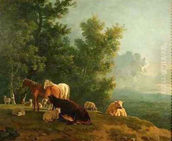 Horses and Cows in a Landscape Oil Painting by S. & Barrett, G. Gilpin