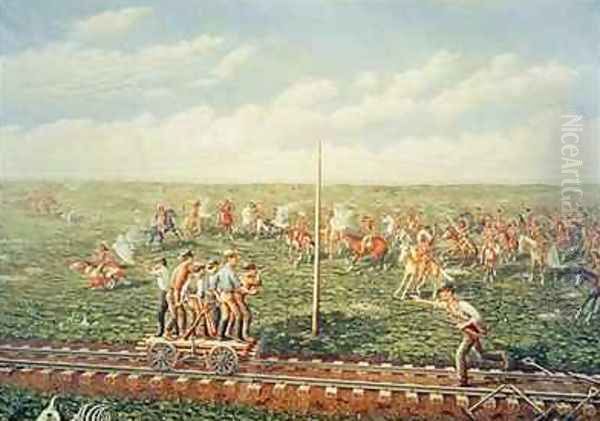 Cheyenne Indians attack workers on the Union Pacific Railroad near Fossil Creek in Kansas Oil Painting by Gogolin, Jacob