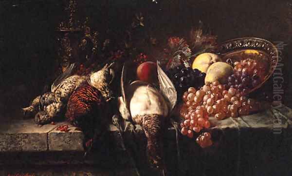 Pheasants, Woodcock, A Tankard And Fruit On A Table Oil Painting by Rene Gronland