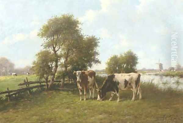 Cattle grazing by a river in summer Oil Painting by Adriaan Marinus Geyp