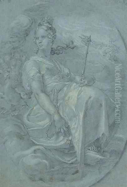Juno seated among clouds attended by a peacock, on an inscribed oval Oil Painting by Hendrick Goltzius