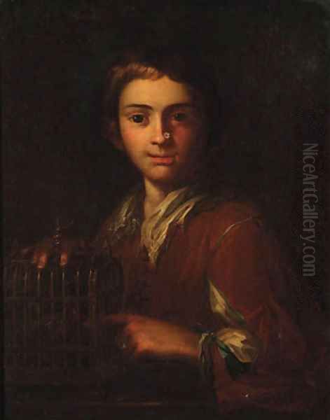 A youth pointing at a birdcage Oil Painting by Vittore Ghislandi