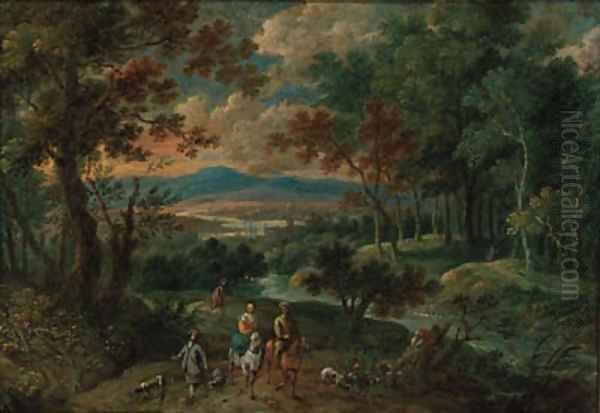 A wooded mountainous landscape with travellers on horseback with hunting dogs Oil Painting by Pieter Gysels