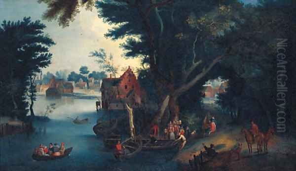 A wooded river landscape with figures boating by a village Oil Painting by Pieter Gysels