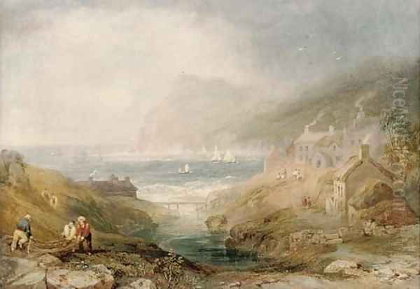 Fishermen mending the nets on the shore Oil Painting by Henri Gastineau