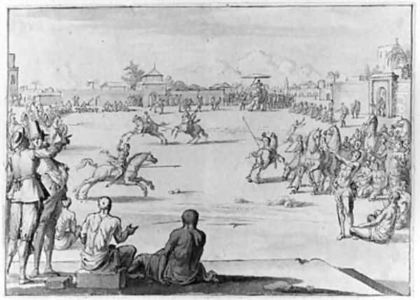 Explorers visiting an Eastern Tournament with Horsemen and an Elephant Oil Painting by Jan Goeree