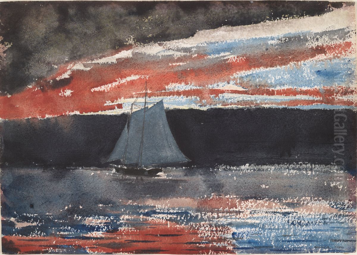 Schooner at Sunset Oil Painting by Winslow Homer