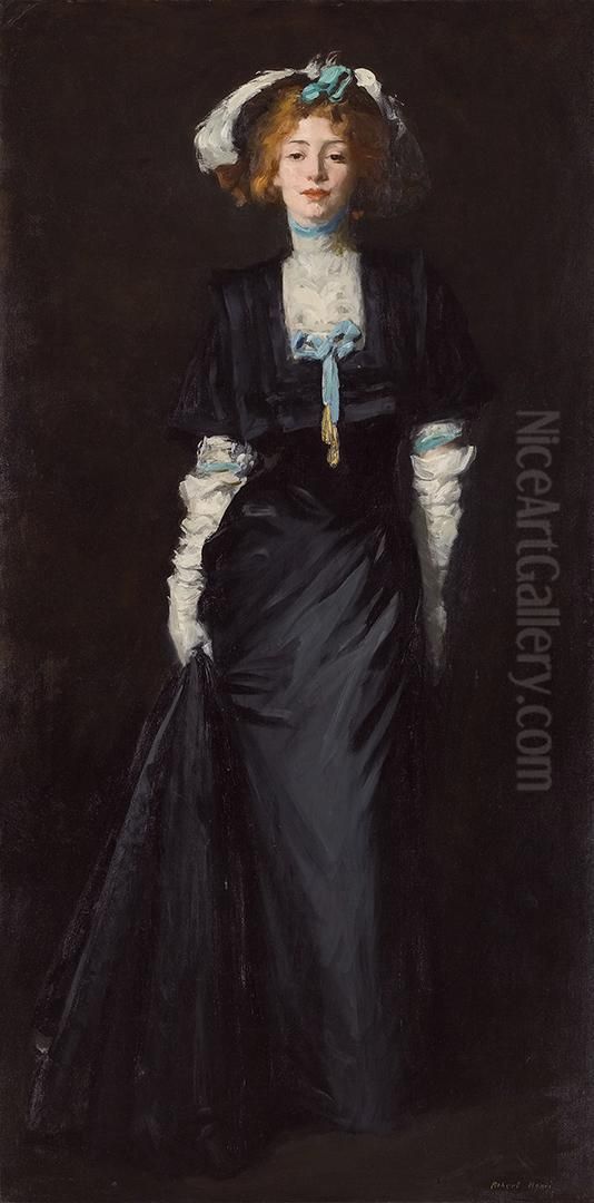Jessica Penn In Black With White Plumes Oil Painting by Robert Henri