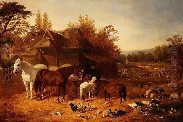The Farmyard with Horses, Ponies, Berkshire Saddle Backs, Alderney Shorthorn Cattle and Poultry Oil Painting by John Frederick Herring Snr