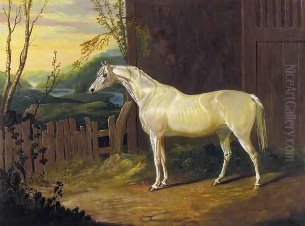 A Gray Arab Mare outside a Stable in an Extensive River Landscape Oil Painting by John Frederick Herring Snr