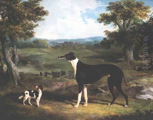 Greyhound & Dog In Landscape Oil Painting by John Frederick Herring Snr