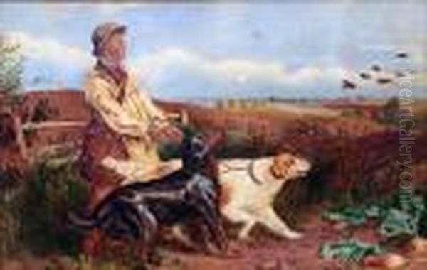 The Game Keeper, With Young Male
 Figure Holding Two Retrievers With A Covey Of Partridges In Flight In 
The Distance Oil Painting by Richard Ansdell