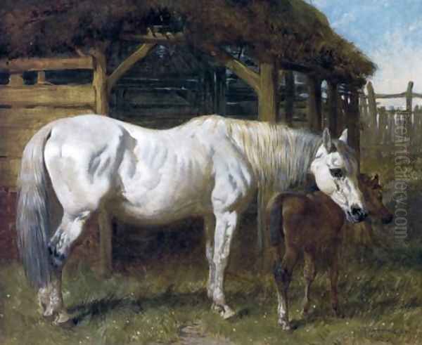 A Grey Mare and Chestnut Foal by a Stable 1853 Oil Painting by John Frederick Herring Snr