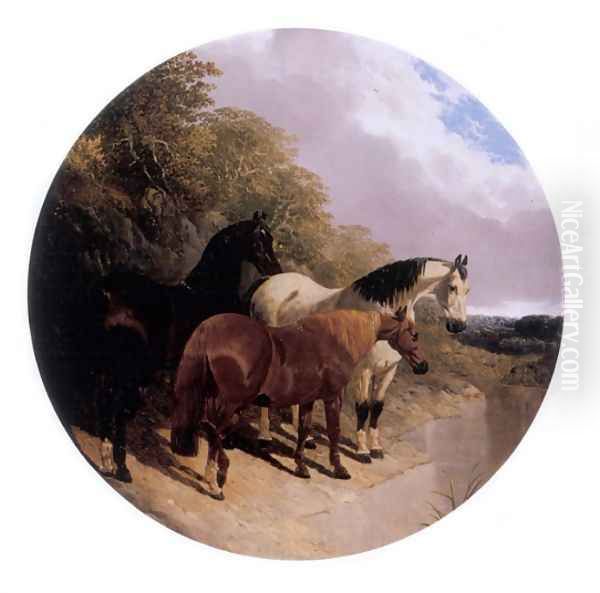 Horses Beside a River 1850 Oil Painting by John Frederick Herring Snr
