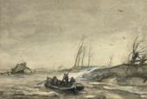 Paddling Through A Flooded Landscape Oil Painting by Louis Apol