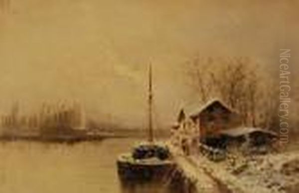 Dutchwinter River Scene With Moored Barges Oil Painting by Louis Apol