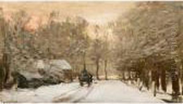 A Horse And Cart In A Snowy Landscape Oil Painting by Louis Apol