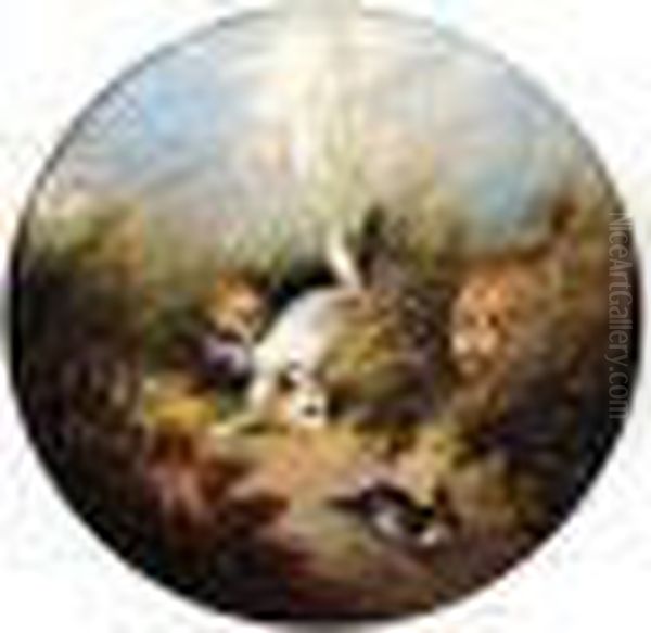 Attributed To , Gun Dogs, 
Falsely Signed And Dated, Oil On Canvas, Painted Oval, Diameter 28.5 
Cm.; 11 1/4 In Oil Painting by George Armfield