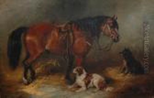A Pony And Two Dogs In A Loose Box. Oil Painting by George Armfield