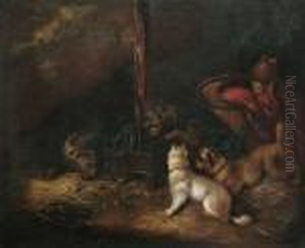 Terriers In A Barn Interior Oil Painting by George Armfield