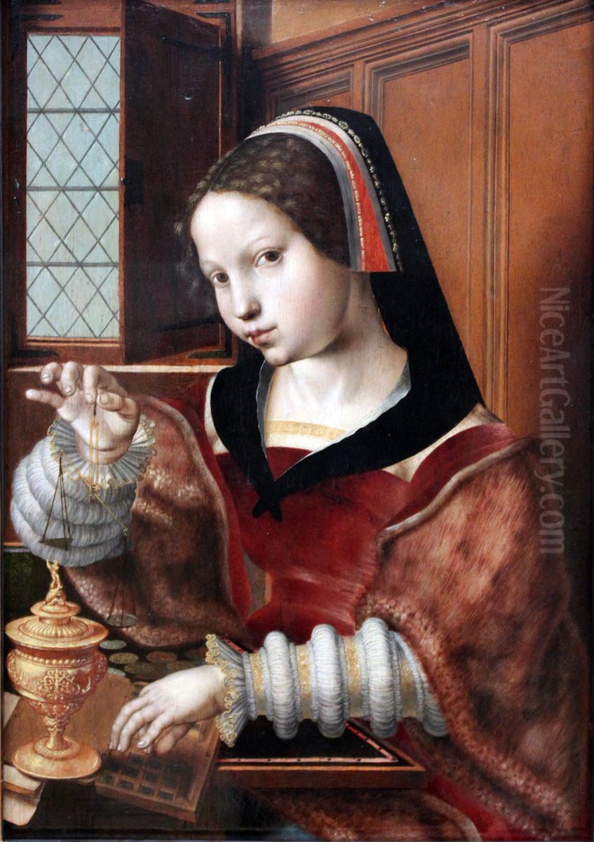 Woman Weighing Gold Oil Painting by Jan Sanders Van Hemessen