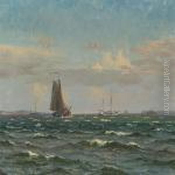 Coastal Scenery With Ships At The Sea Oil Painting by Vilhelm Karl Ferd. Arnesen