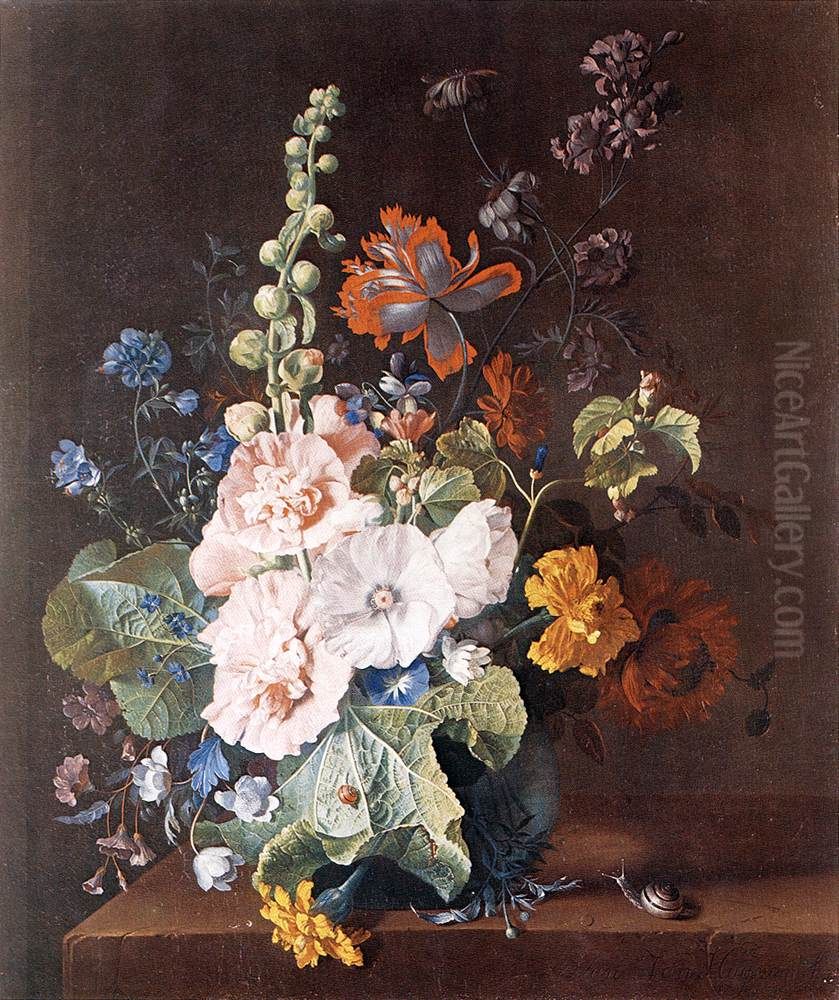 Hollyhocks and Other Flowers in a Vase Oil Painting by Jan Van Huysum