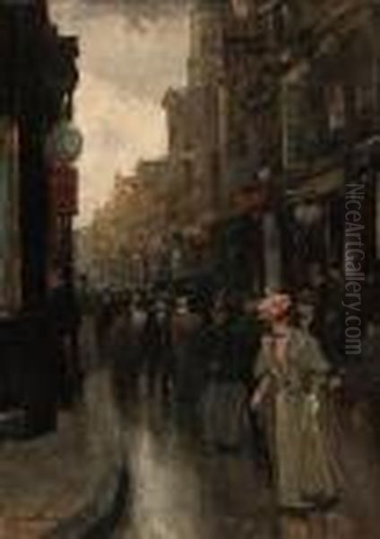 Pedestrians Strolling Along The Spuistraat, The Hague Oil Painting by Floris Arntzenius