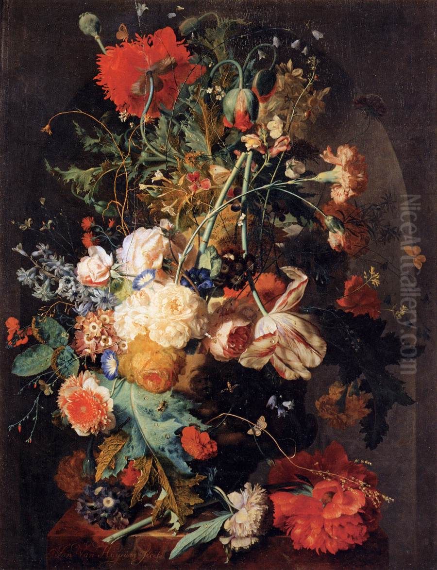 Vase of Flowers in a Niche Oil Painting by Jan Van Huysum