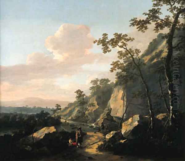 A rocky landscape with travelers on a path Oil Painting by Jacob De Heusch